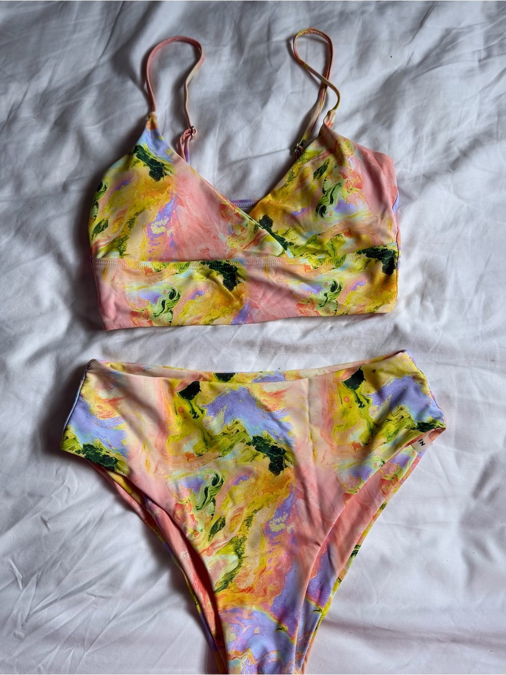 Colorful Marble Print High-Waist Bikini Set in Pink & Yellow